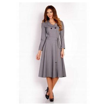 Rochie Dama -  L016 - Material 60% Poliester - 35% Viscoza - 5% Elastan - Lungime Midi - Maneca Lunga - Curea In Talie - De Inalta Calitate - Gri