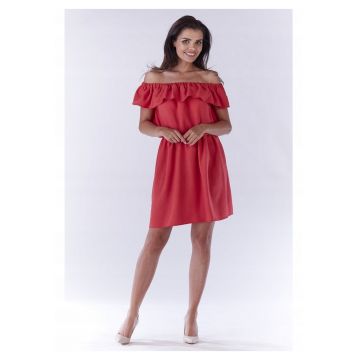 Rochie Dama -  Spaniola Evazata Lejera - Decolteu Spaniol - Tesatura cu Structura de In - Elastic in Talie - Ideala Vara si Vacanta - Confort si Lejeritate - Produsa in Polonia - Rosu - Marime