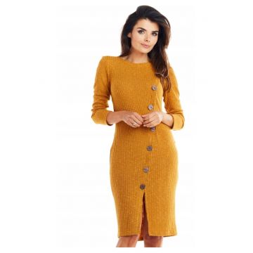 Rochie Dama -  Tricotata Midi - Croiala Bodycon Cambrata - Taietura Asimetrica - Nasturi Decorativi Aplicati - Tesatura Moale - Produsa in Polonia - Eleganta - Galben