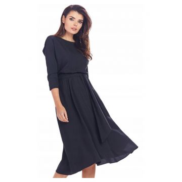 Rochie Dama -  Tricotata Midi - Croiala Bodycon Cambrata - Taietura Asimetrica - Nasturi Decorativi Aplicati - Tesatura Moale - Produsa in Polonia - Eleganta - Negru - Marime