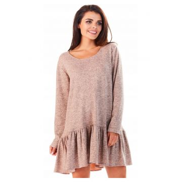 Rochie De Dama Cu Volan -  L056 - Marimea S/M - Material 65% Poliester - 33% Viscoza - 2% Elastan - Scurta - Croi Asimetric - Decolteu Rotund - Maneci Lungi - De Inalta Calitate - Roz