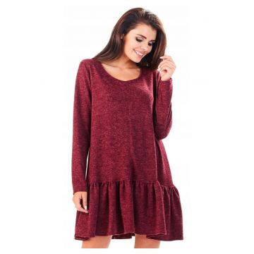 Rochie De Dama Cu Volan -  L056 - Material 65% Poliester - 33% Viscoza - 2% Elastan - Scurta - Croi Asimetric - Decolteu Rotund - Maneci Lungi - De Inalta Calitate - Bordo