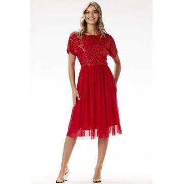 Rochie de seara midi  paiete si tul - rosu - poliester/elastan