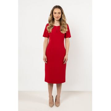 Rochie midi  A706 - rosie - croiala mulata - decolteu tip barca - material poliester-elastan