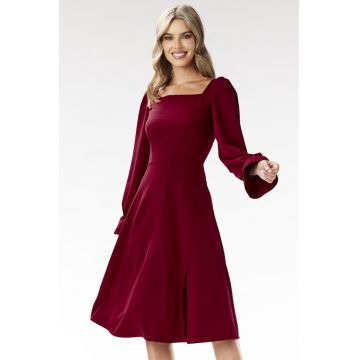 Rochie midi -  decolteu patrat - maneci lungi - visiniu - poliester-elastan