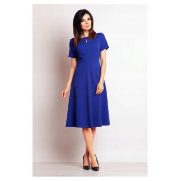 Rochie Midi - Marimea M - Stil Elegant - Material Tricotat Structurat - Lungime Midi - Maneci Scurte - Decolteu Cu Deschidere - Albastru