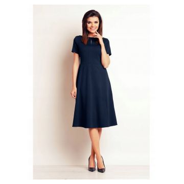 Rochie Midi - Marimea S - Stil Elegant - Material Tricotat Structurat - Lungime Midi - Maneci Scurte - Decupaj La Decolteu - Bleumarin