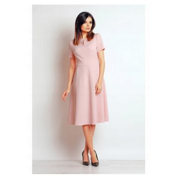 Rochie Midi - Stil Elegant - Material Lungime Midi - Maneci Scurte - Decolteu Cu Deschidere - Roz Pudrat