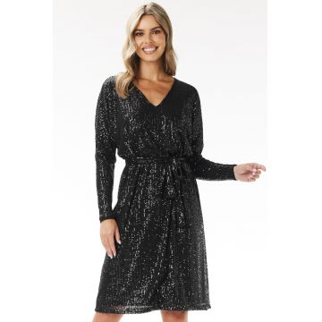 Rochie midi trapez  decolteu V - paiete - negru - poliester-elastan