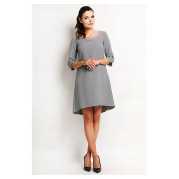 Rochie Trapez -  Tip Midi - Asimetrica - Stil Casual - Elegant - Business - 58% Poliester - 37% Viscoza - 5% Elastan - Lungime Maneca 3/4 - Decolteu Rotund - Pentru Birou - Pentru Munca - Pentru Gri