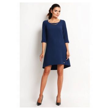 Rochie Trapez -  Tip Midi - Asimetrica - Stil Casual - Elegant - Business - 58% Poliester - 37% Viscoza - 5% Elastan - Lungime Maneca 3/4 - Decolteu Rotund - Pentru Birou - Pentru Munca - Pentru Intalnire - Bleumarin