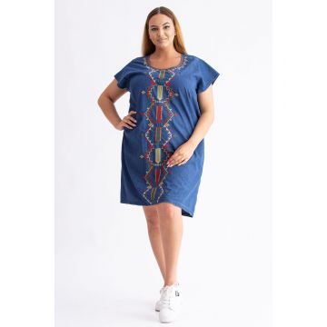 Rochie dama marimi mari din bumbac albastru cu model abstract XL (42)