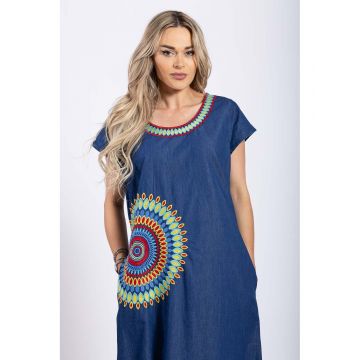 Rochie dama marimi mari din bumbac albastru cu model abstract