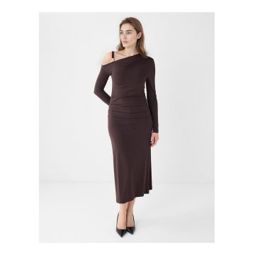 Rochie cambrata cu maneci lungi - Maro inchis