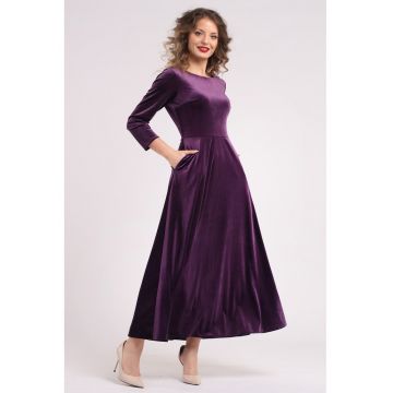 Rochie cu aspect de catifea si buzunare laterale - Mov inchis