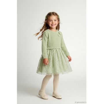 Rochie cu croiala dreapta si aplicatie cu model floral - Verde deschis