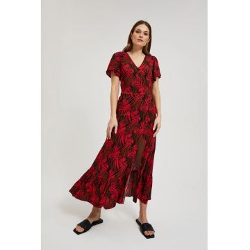 Rochie cu decolteu in V si imprimeu tropical  L-SU-4345 - Rosu