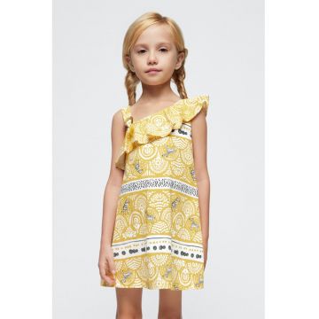 Rochie cu decolteu pe un umar - imprimeu si volane - Alb/Negru/Maro deschis