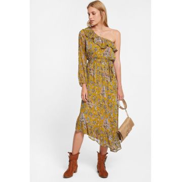 Rochie cu decolteu pe un umar si model paisley - Alb/Negru/Galben sofran