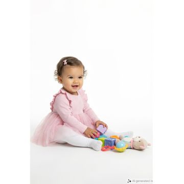 Rochie cu maneci lungi si tul - Roz pastel