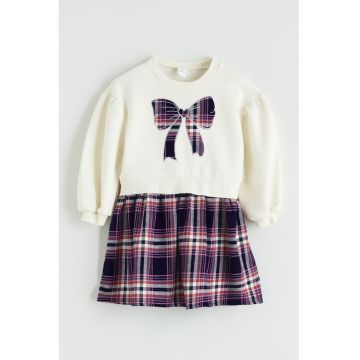 Rochie cu model 2 in 1 si model in carouri - Roz/Crem/Bleumarin