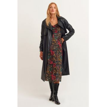 Rochie cu model floral si maneci bufante - Rosu/Negru/Galben pai