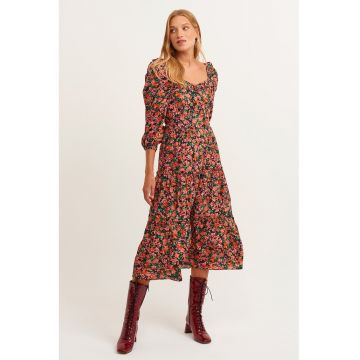 Rochie cu model floral si maneci bufante - Verde/Coral/Portocaliu mandarina
