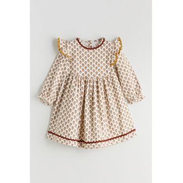 Rochie cu model floral si volane - Crem