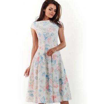 Rochie dama  Poliester - M169 - Alb/Flori pastelate -