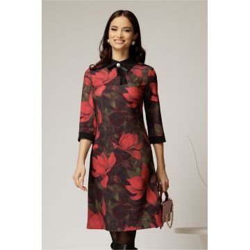 Rochie DY Fashion midi cu imprimeu negru si rosu cu guler tip camasa