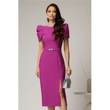 Rochie DY Fashion midi magenta de ocazie cu umeri bufanti si cordon detasabil