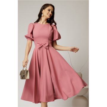 Rochie DY Fashion roz din stofa in clos cu funda in talie