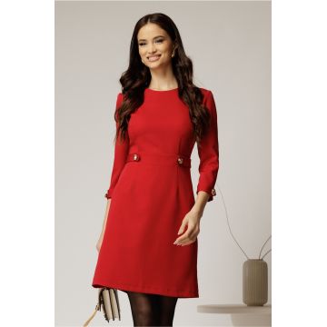 Rochie DY Fashion scurta rosie cu nasturi decorativi pe talie si maneci