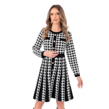Rochie evazata tricotata cu model houdstooth - Alb/Negru