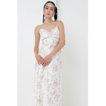 Rochie-furou maxi din satin cu detalii de dantela - Verde pal/Roz prafuit