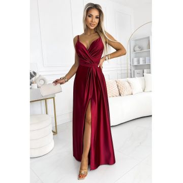 Rochie lunga din satin cu crapatura pe picior - burgundy