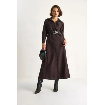 Rochie lunga  guler tip camasa - maro - textil