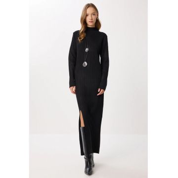 Rochie lunga tricotata bodycon cu slit - Happiness Istanbul - neagra - tricot -