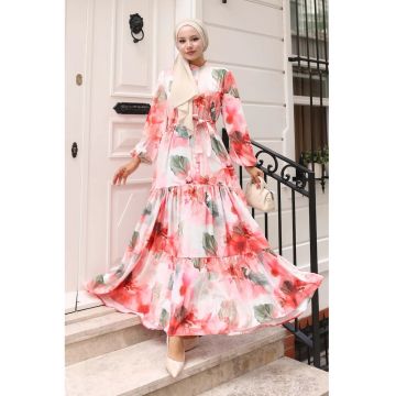 Rochie Maxi  cu gat rotund si nasturi - rosu cires - textil