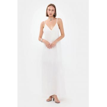 Rochie maxi -  Decolteu in V - Bumbac - Alb