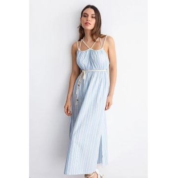 Rochie maxi -  Dungi - Bretele tip spaghetti - Albastru deschis - Bumbac/Poliester