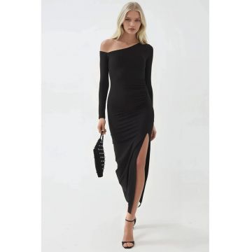 Rochie maxi  guler asimetric - negru - jerseu