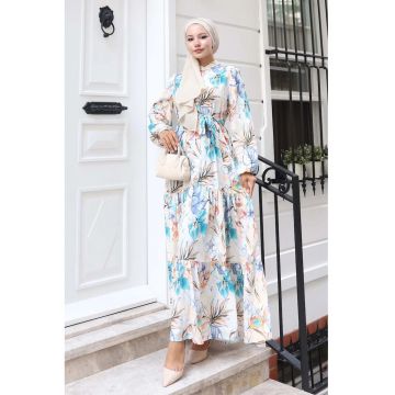 Rochie Maxi -  guler rotund - banda in talie - Albastru - Textil