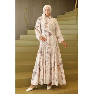 Rochie Maxi -  guler rotund - banda in talie - crem natural - textil