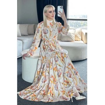 Rochie Maxi -  guler rotund - banda in talie - galben chihlimbar - textil