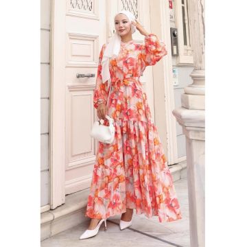 Rochie Maxi  guler rotund - banda in talie - portocaliu pal - textil