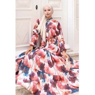 Rochie Maxi -  guler rotund - banda in talie - Rosu Burgundy - textil