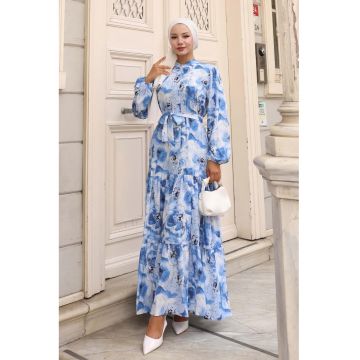 Rochie Maxi -  guler rotund - betelie - Albastru Maya - textil