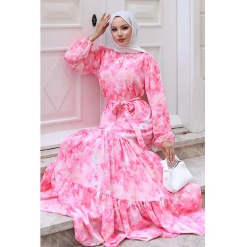 Rochie Maxi -  guler rotund - betelie - roz aprins - textil