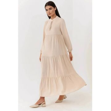 Rochie maxi  guler rotund - maneci lungi - bej - textil